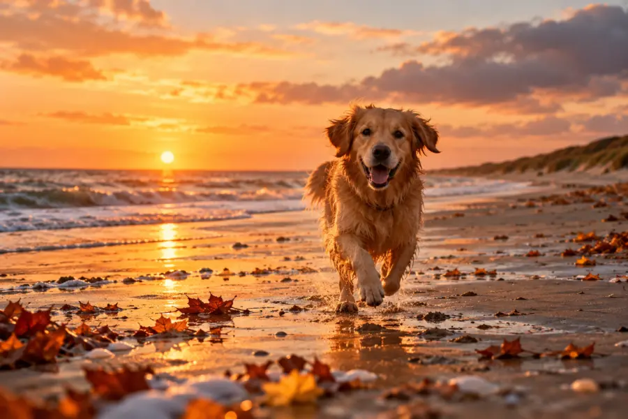 Gouden Retriever bij Zonsondergang op het Strand